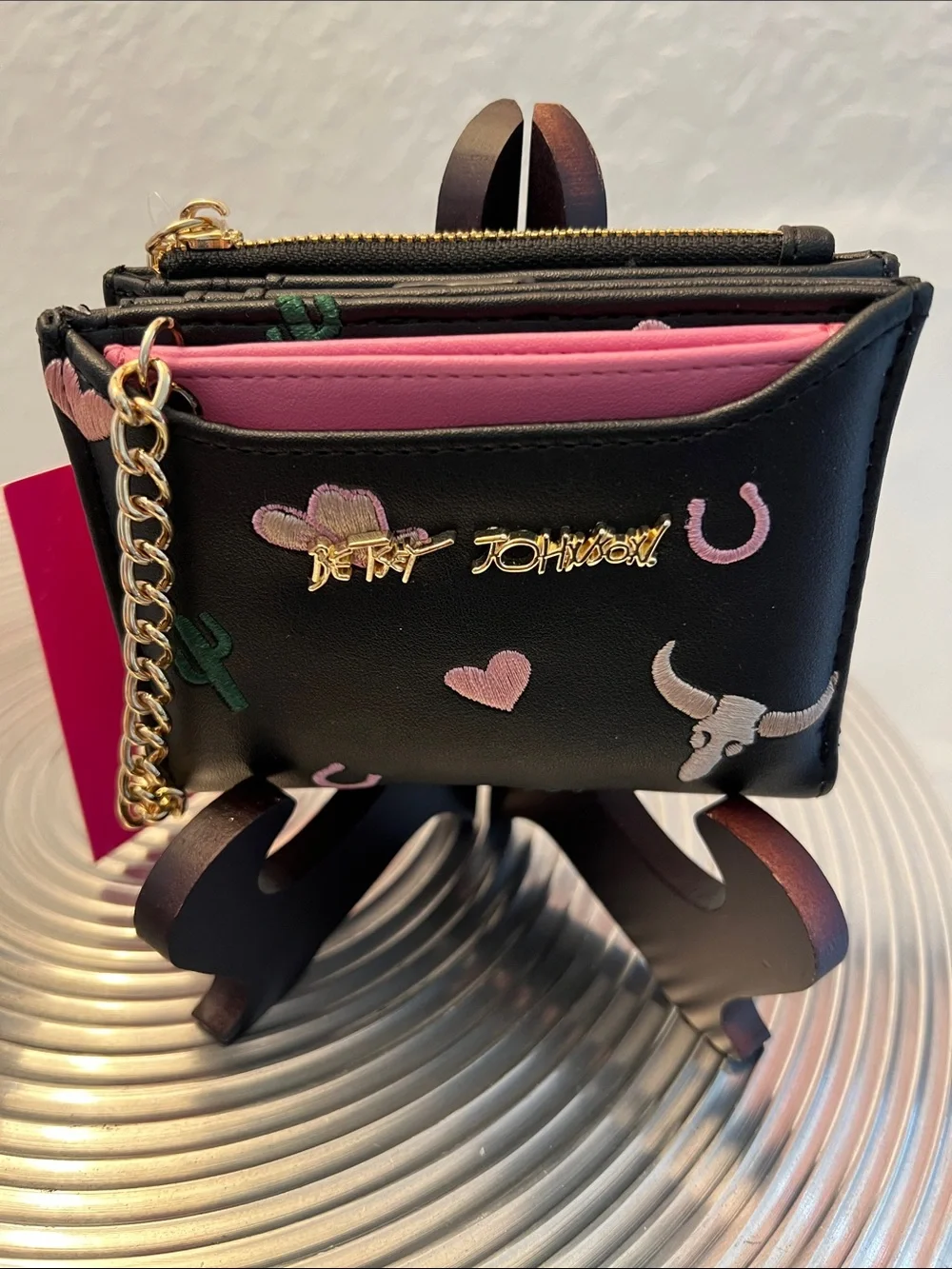 Betsey Johnson NWT Black & Pink Wallet & coin purse with Western Embroidery